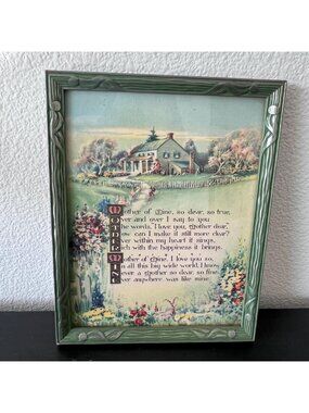 Vintage Framed "Mother Mine" Poem // Green & Silver Art Deco Wood Frame